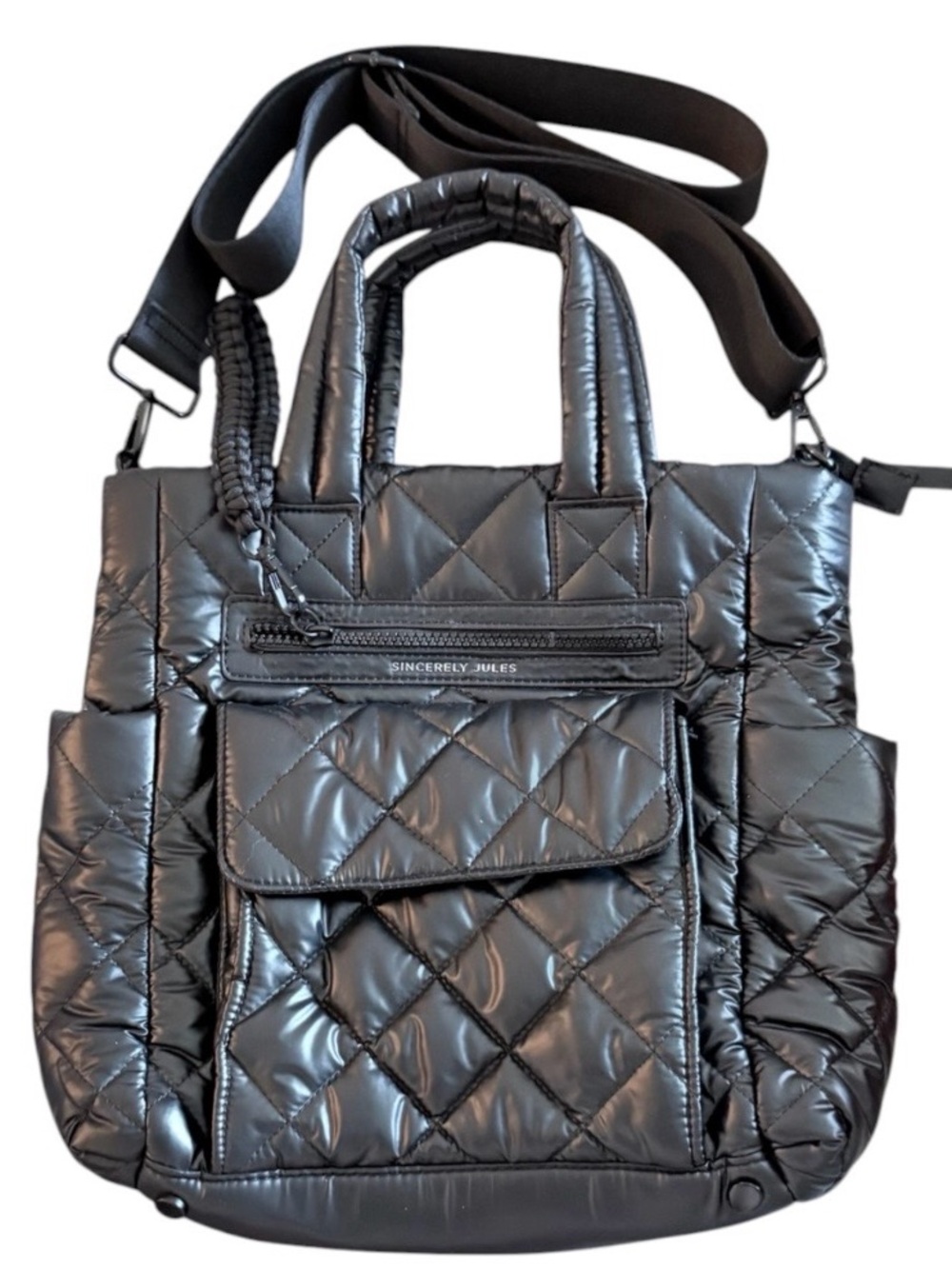 Sincerely Jules black puffer quilted diamond design shiny crossbody or tote bag